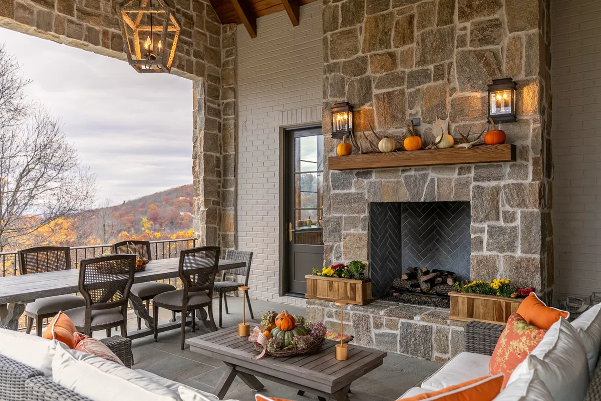 A warm and inviting living space with a fireplace, dining table, and large windows opening to an outdoor seating area. Decorative pumpkins and soft lighting evoke an autumnal, celebratory atmosphere that hints at seasonal festivities and community gatherings.